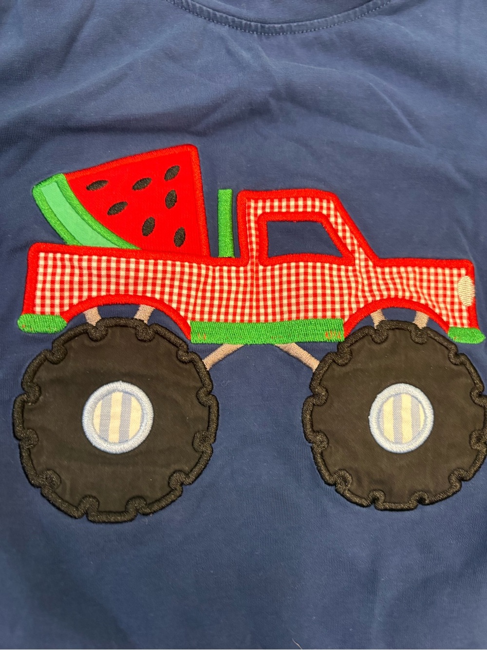 Red Gingham Monster Truck Applique Top with Watermelon